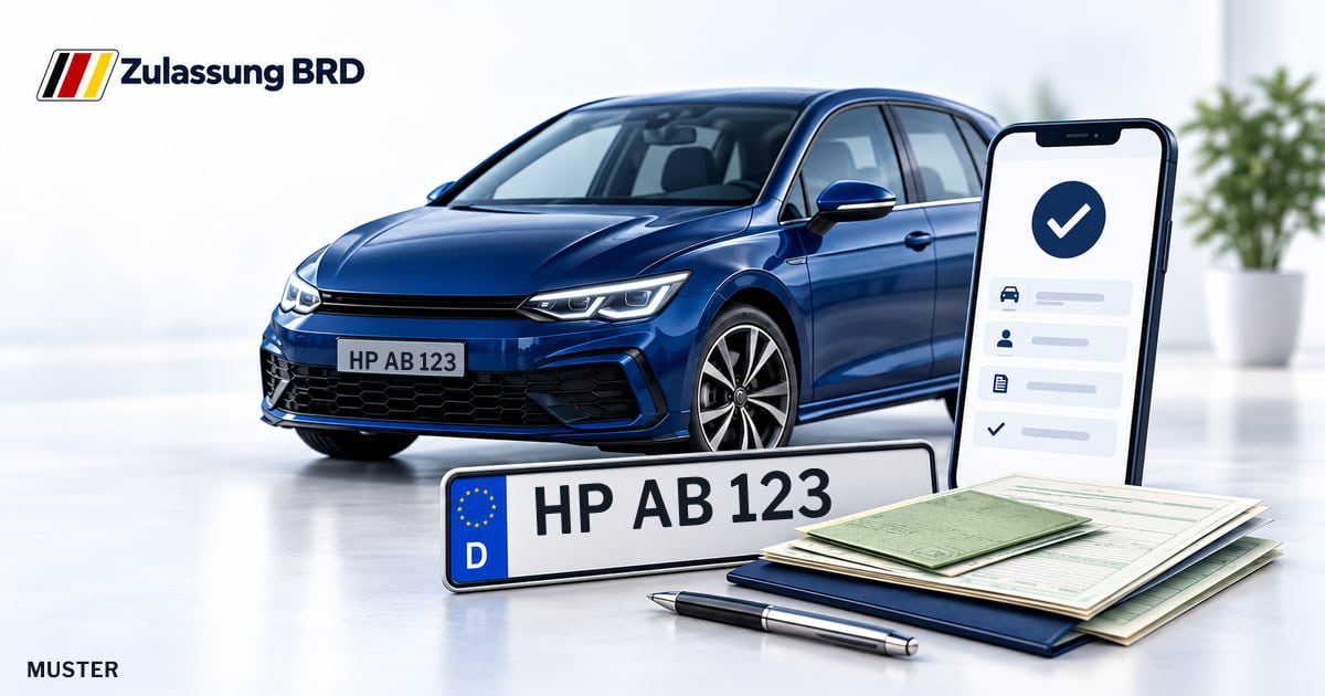 Online Fahrzeugzulassung in Heppenheim: Musterkennzeichen HP AB 123, Auto und Fahrzeugpapiere und Smartphone. Illustration mit Logo von Zulassung BRD.